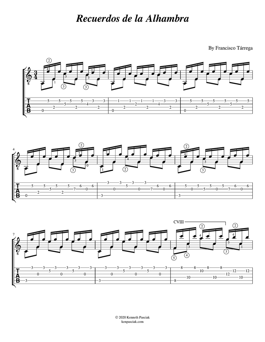 Recuerdos de la Alhambra (easy version for Solo Guitar) Classical Guitar scores gallery preview page 3