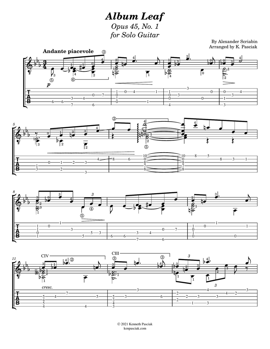 Album Leaf by Scriabin (for Solo Guitar) Classical Guitar scores gallery preview page 3