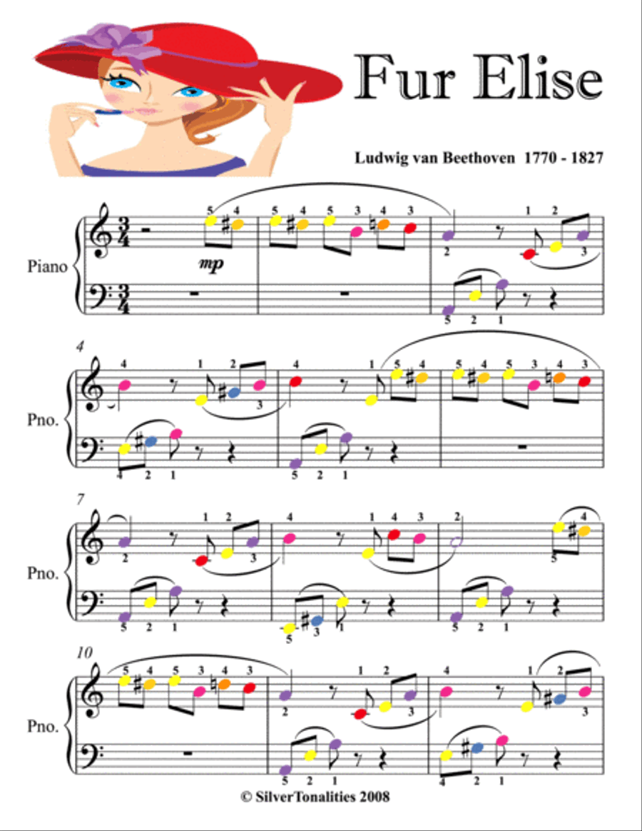 Fur Elise Easiest Piano Sheet Music with Colored Notes Easy Piano scores gallery preview page 1
