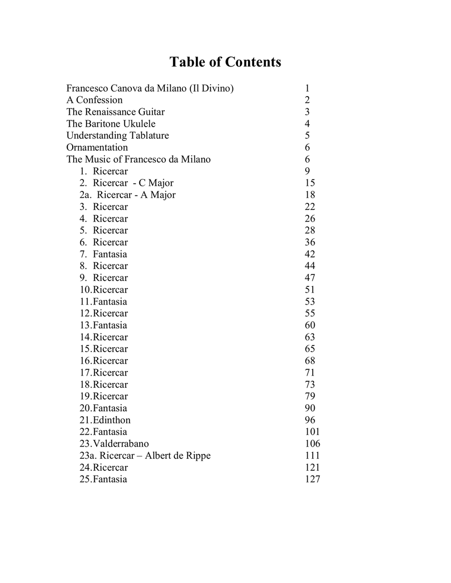 Francesco da Milano Ricercars and Fantasias Volume 1 For Baritone Ukulele and Other Four Course In Baritone Ukulele scores gallery preview page 2