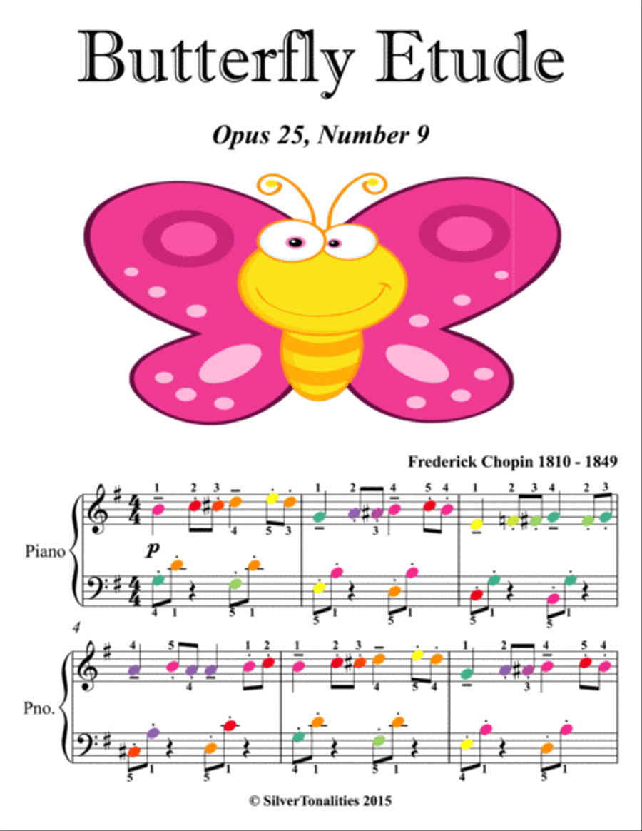 Butterfly Etude Opus 25 Number 9 Easy Piano Sheet Music with Colored Notes Piano Method scores gallery preview page 1