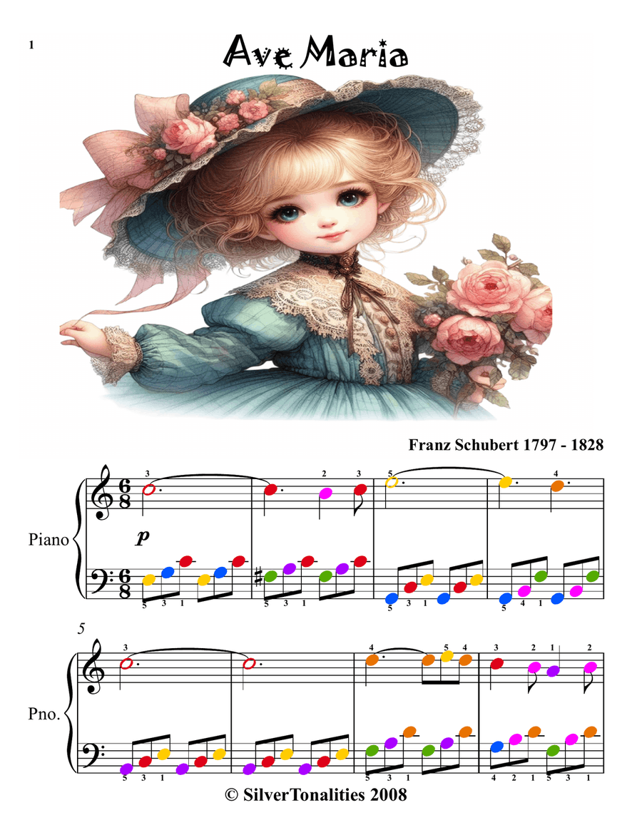 Ave Maria Easy Piano Sheet Music with Colored Notation Easy Piano scores gallery preview page 3
