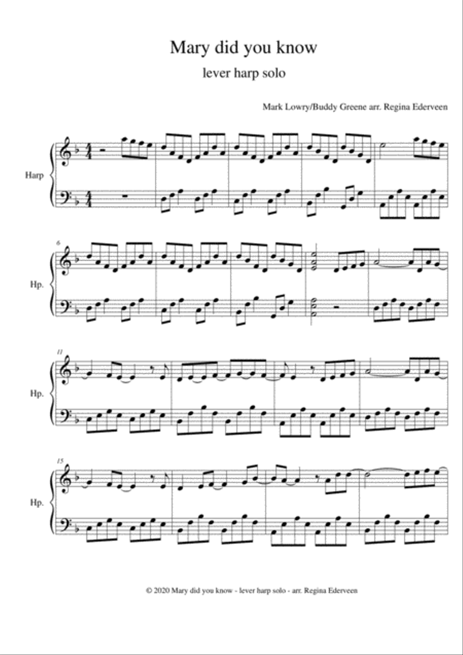 Mary did you know - lever harp solo Celtic Harp scores gallery preview page 1