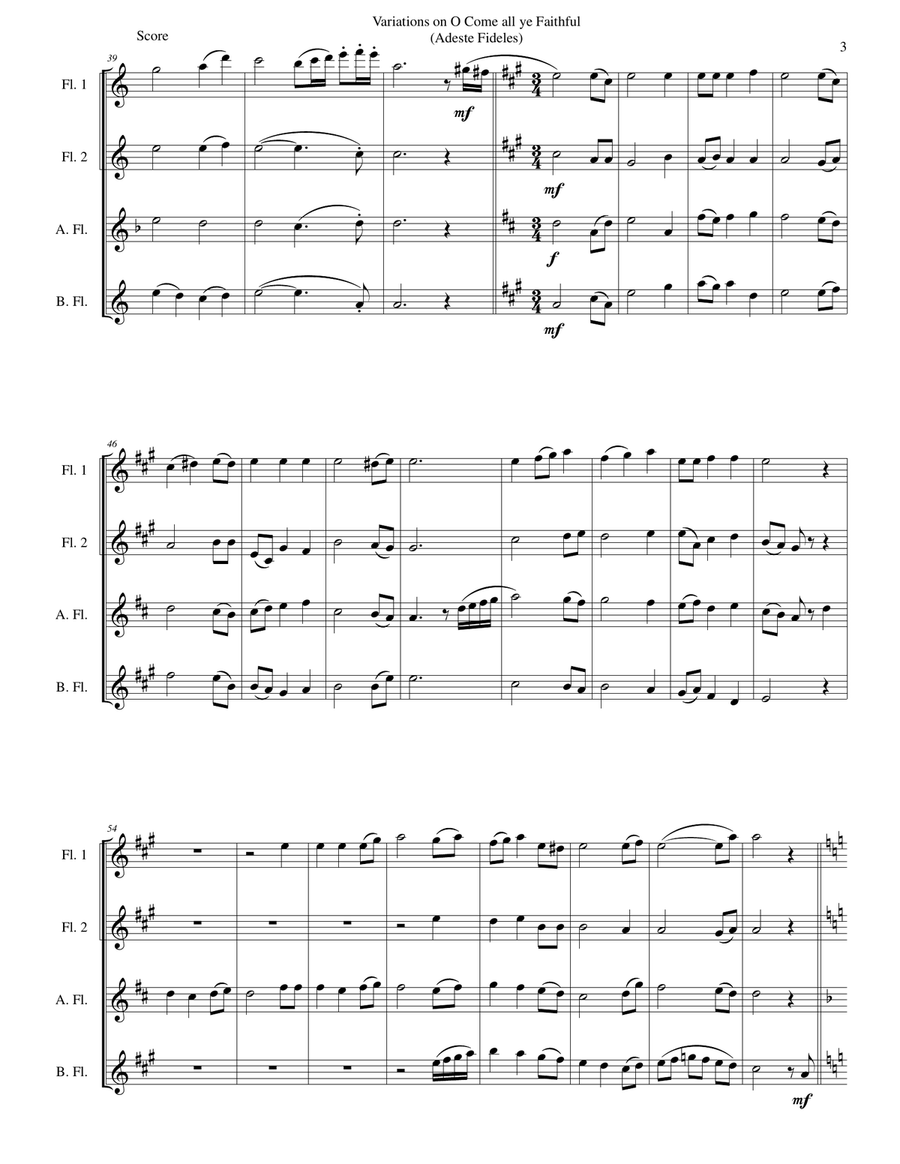 Variations on O Come all ye faithful (Adeste fideles) for flute quartet Flute Quartet scores gallery preview page 3