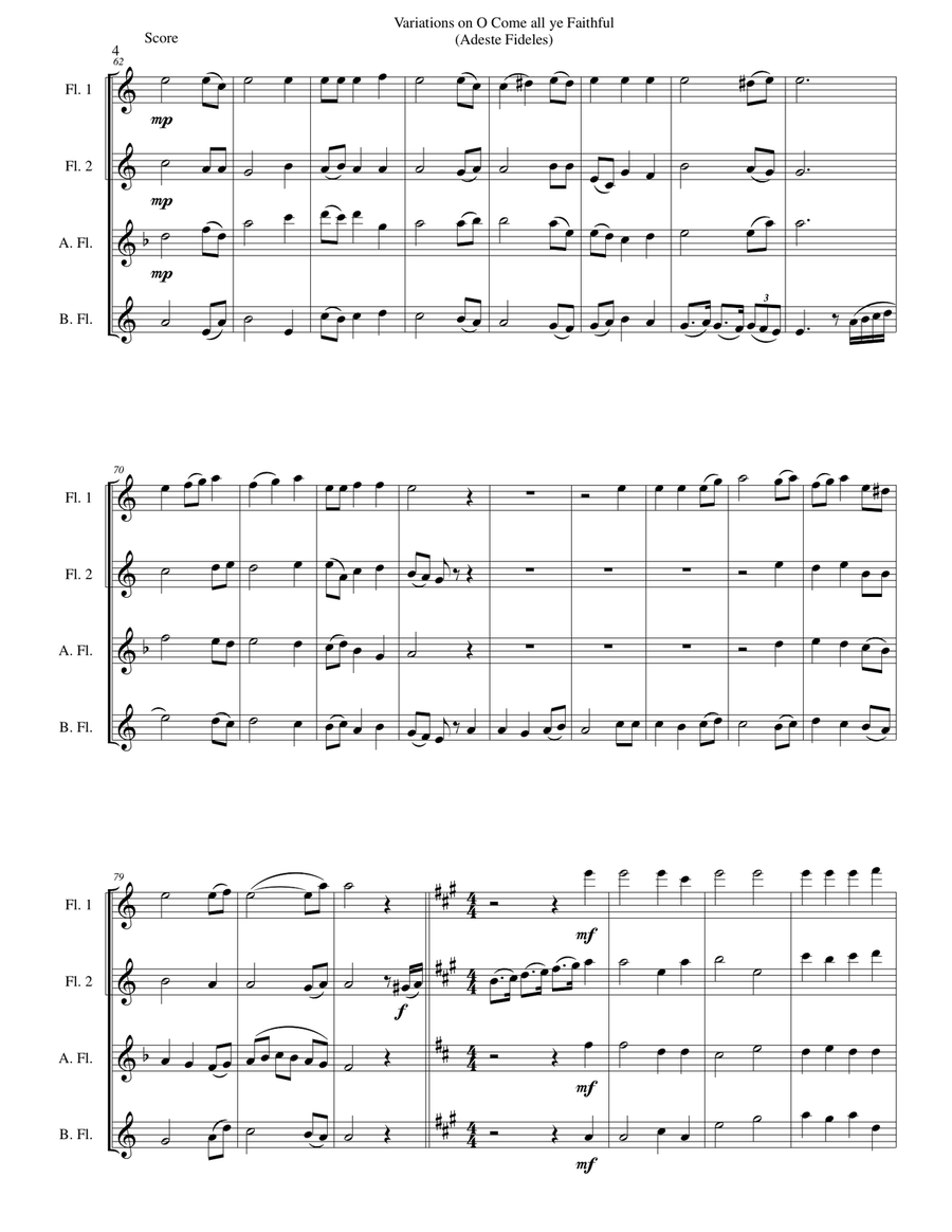 Variations on O Come all ye faithful (Adeste fideles) for flute quartet Flute Quartet scores gallery preview page 4