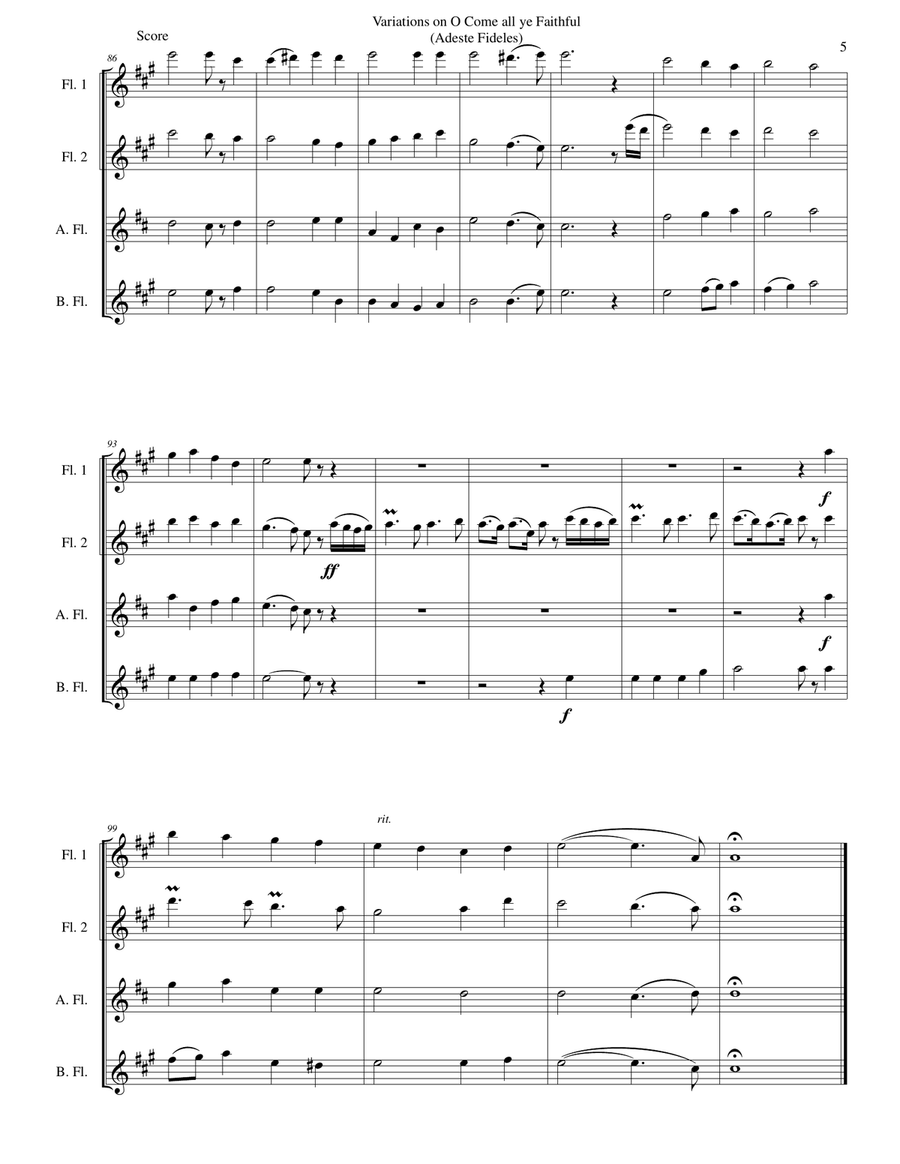 Variations on O Come all ye faithful (Adeste fideles) for flute quartet Flute Quartet scores gallery preview page 5