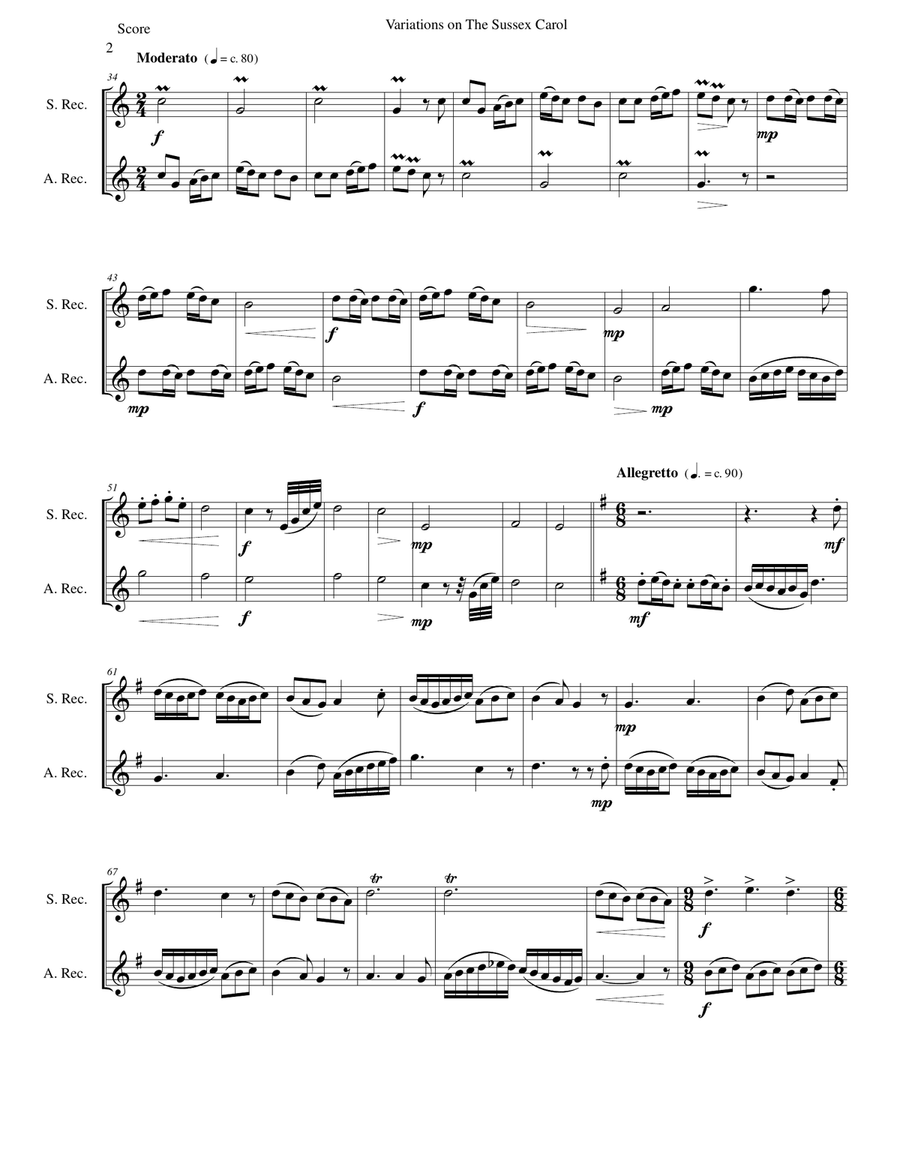 Variations on the Sussex Carol (On Christmas night all Christians sing) soprano and alto recorders Woodwind Duet scores gallery preview page 2