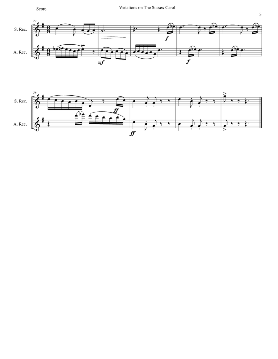 Variations on the Sussex Carol (On Christmas night all Christians sing) soprano and alto recorders Woodwind Duet scores gallery preview page 3