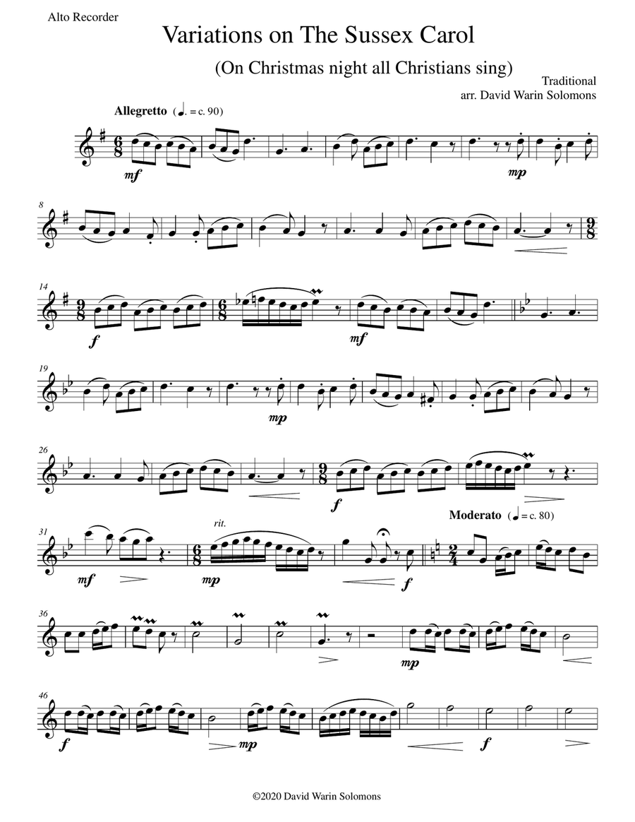 Variations on the Sussex Carol (On Christmas night all Christians sing) soprano and alto recorders Woodwind Duet scores gallery preview page 4