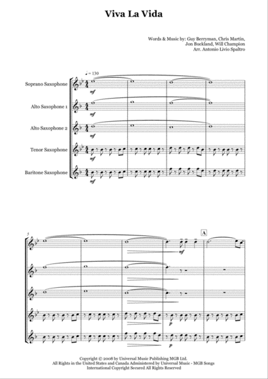 Viva La Vida Saxophone Quintet scores gallery preview page 2