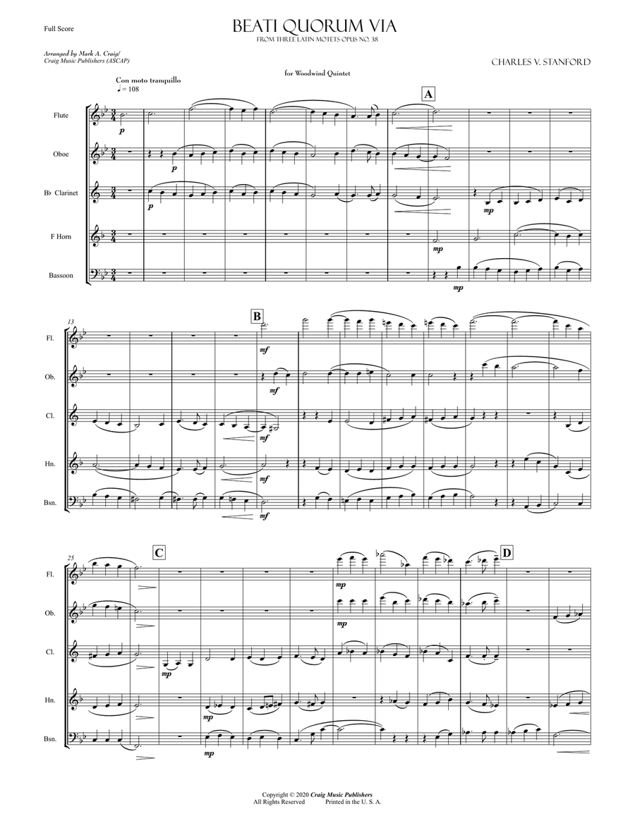 Stanford: Beati Quorum Via (from Three Latin Motets Opus 38) Woodwind Quintet scores gallery preview page 2