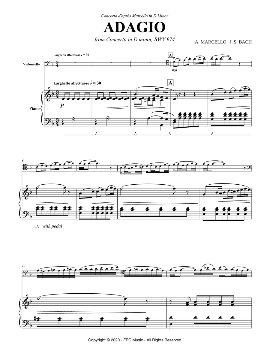 Adagio from Concerto in D minor, BWV 974 (Concerto d'après Marcello) for Violoncello and Piano Piano scores gallery preview page 3