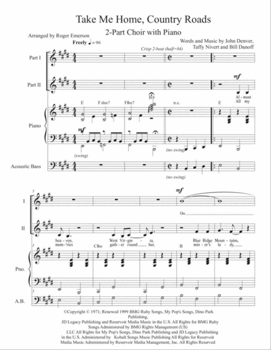 Take Me Home, Country Roads 2-Part scores gallery preview page 1