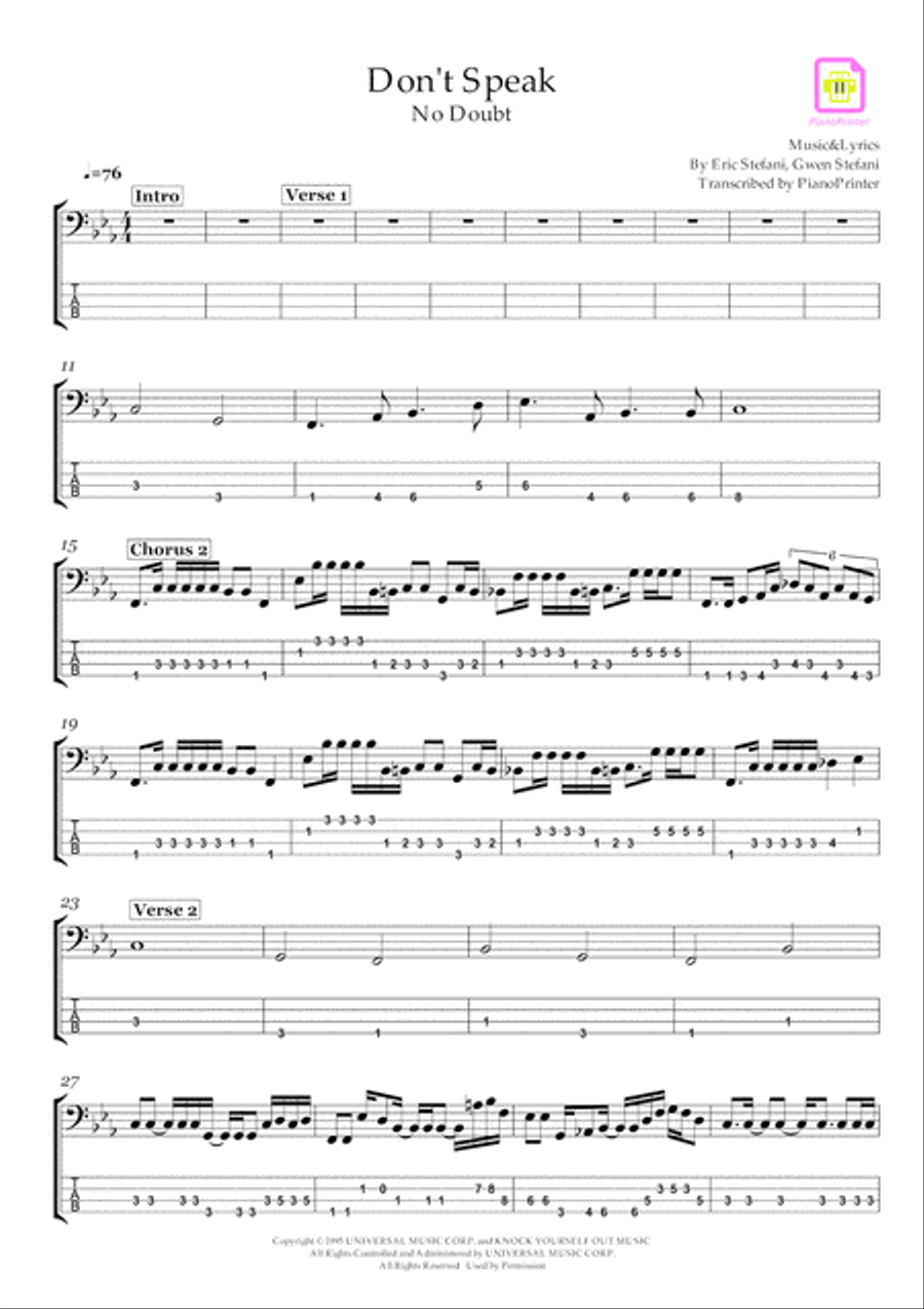 Don't Speak Bass Guitar scores gallery preview page 1