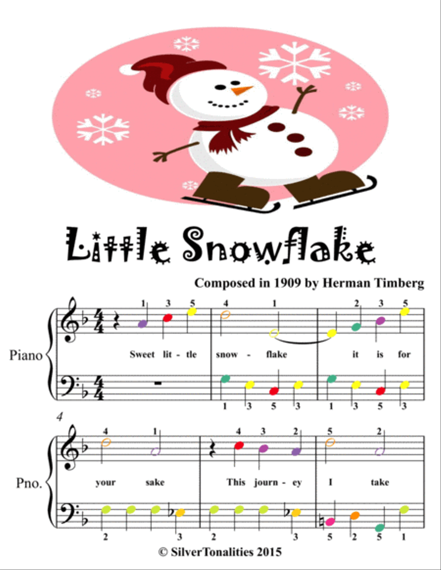 Little Snowflake Easy Piano Sheet Music with Colored Notes Easy Piano scores gallery preview page 1