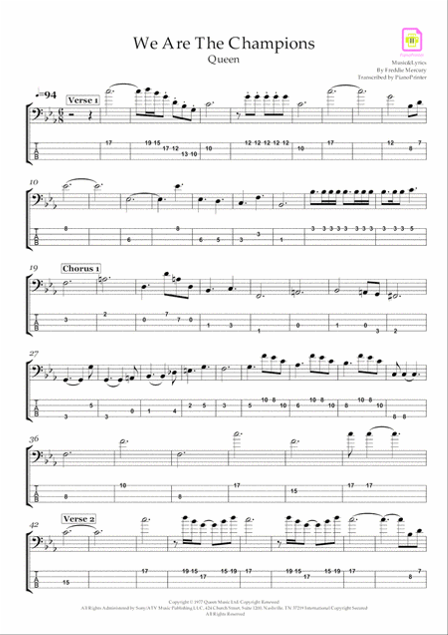 We Are The Champions Bass Guitar scores gallery preview page 1