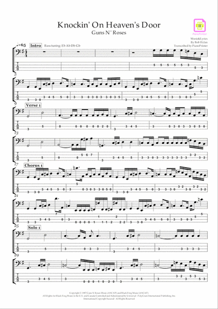 Knockin' On Heaven's Door Bass Guitar scores gallery preview page 1