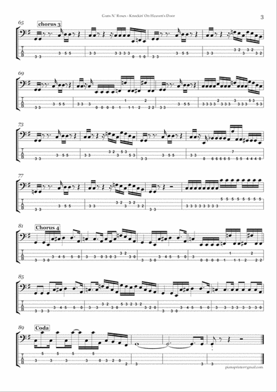 Knockin' On Heaven's Door Bass Guitar scores gallery preview page 3
