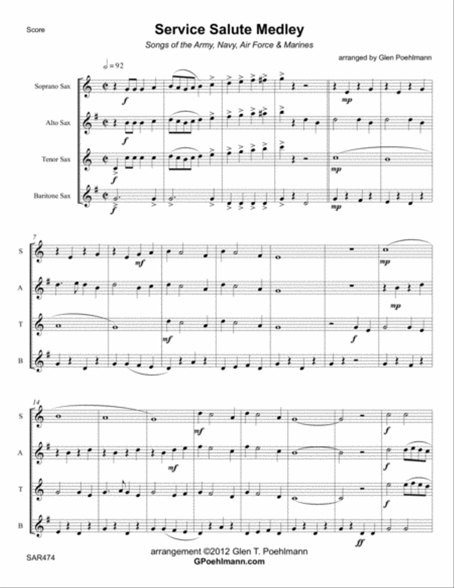 SERVICE SALUTE MEDLEY for SATB or AATB SAXOPHONE QUARTET (Armed Forces Themes) Tenor Saxophone scores gallery preview page 1