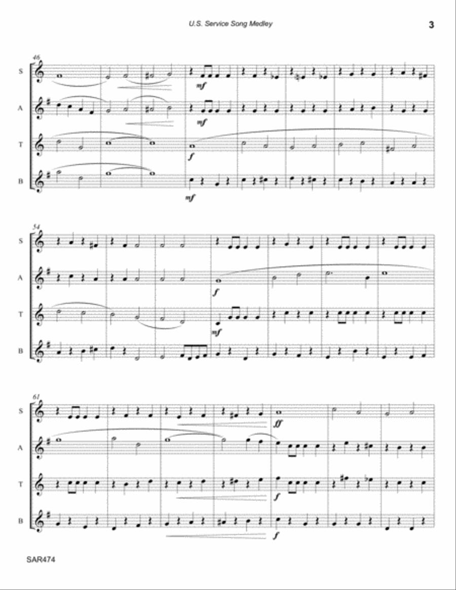 SERVICE SALUTE MEDLEY for SATB or AATB SAXOPHONE QUARTET (Armed Forces Themes) Tenor Saxophone scores gallery preview page 3