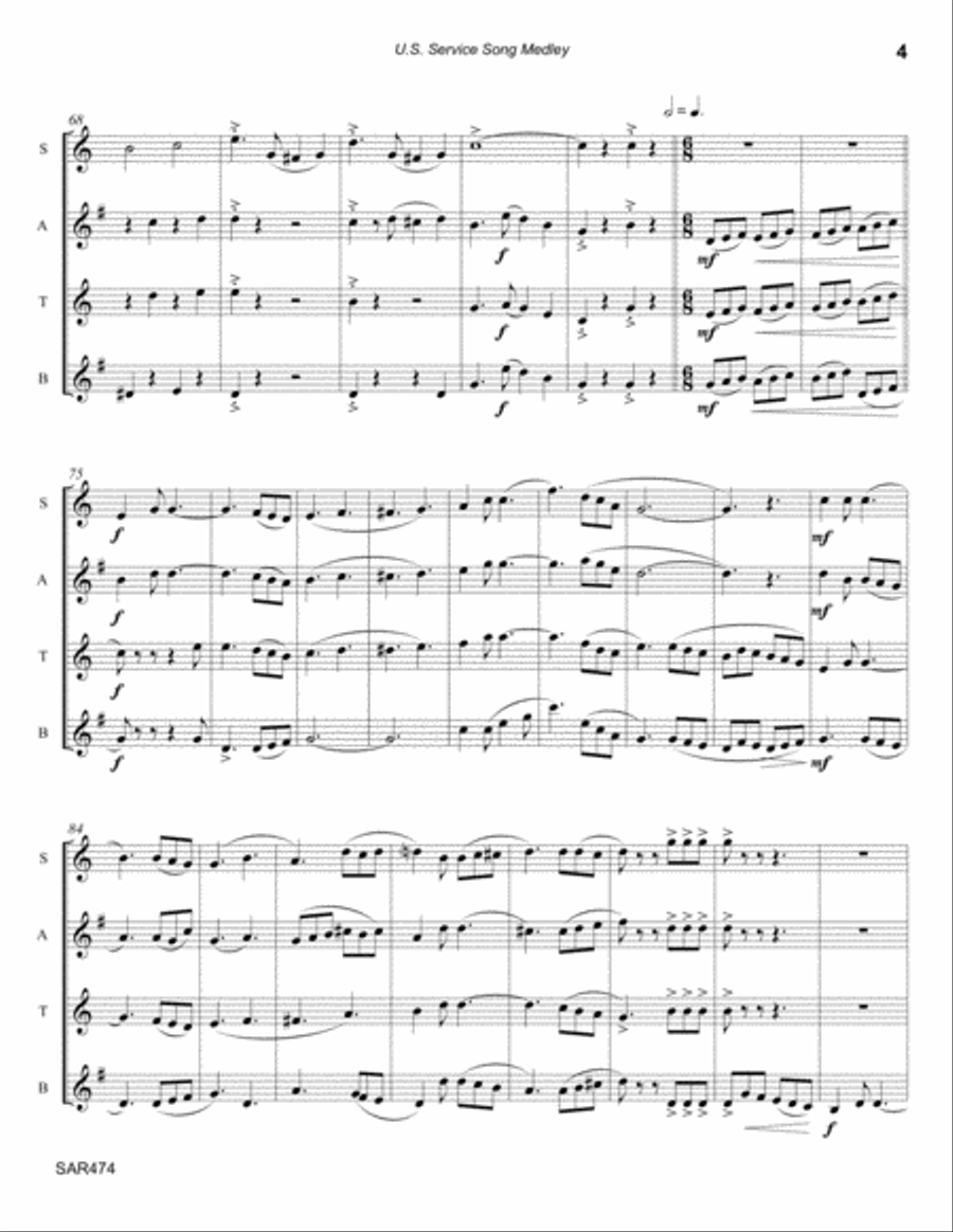 SERVICE SALUTE MEDLEY for SATB or AATB SAXOPHONE QUARTET (Armed Forces Themes) Tenor Saxophone scores gallery preview page 4