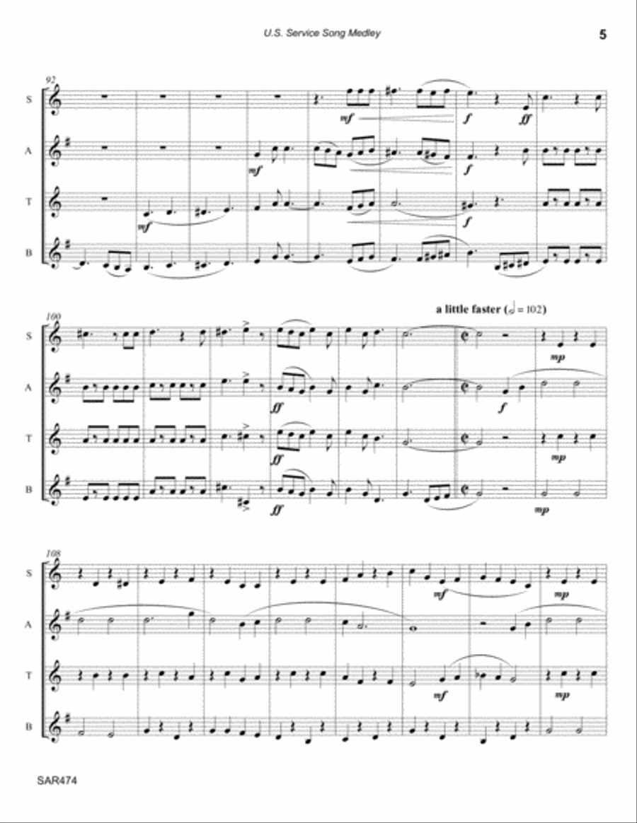 SERVICE SALUTE MEDLEY for SATB or AATB SAXOPHONE QUARTET (Armed Forces Themes) Tenor Saxophone scores gallery preview page 5
