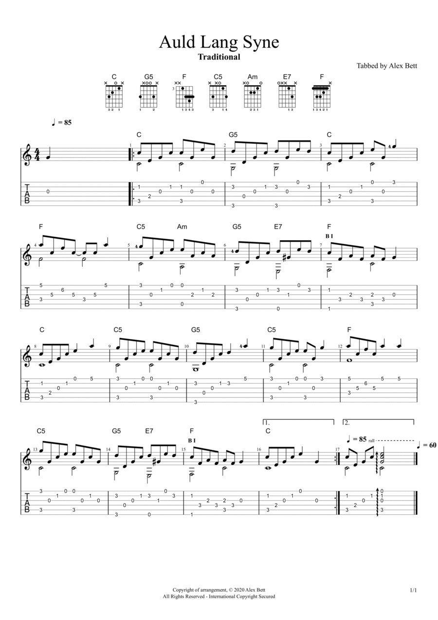 Auld Lang Syne - Arpeggio Version (Solo Fingerstyle Guitar) Acoustic Guitar scores gallery preview page 1