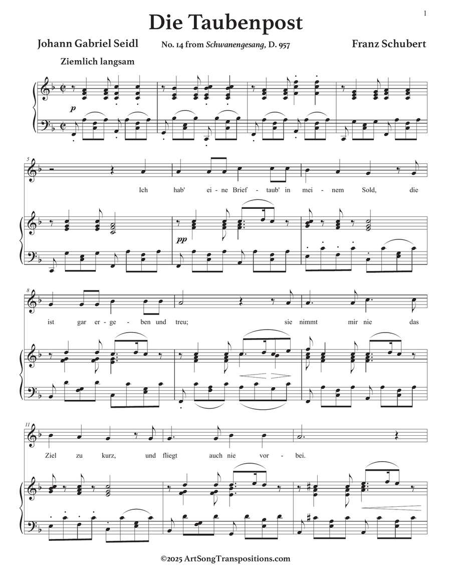 SCHUBERT: Die Taubenpost, D. 957 no. 14 (transposed to F major) Piano, Vocal scores gallery preview page 2