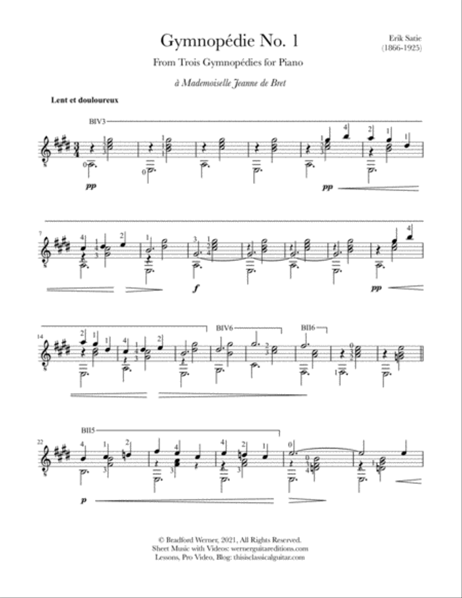 Gymnopédie No. 1 by Satie for Guitar Classical Guitar scores gallery preview page 2