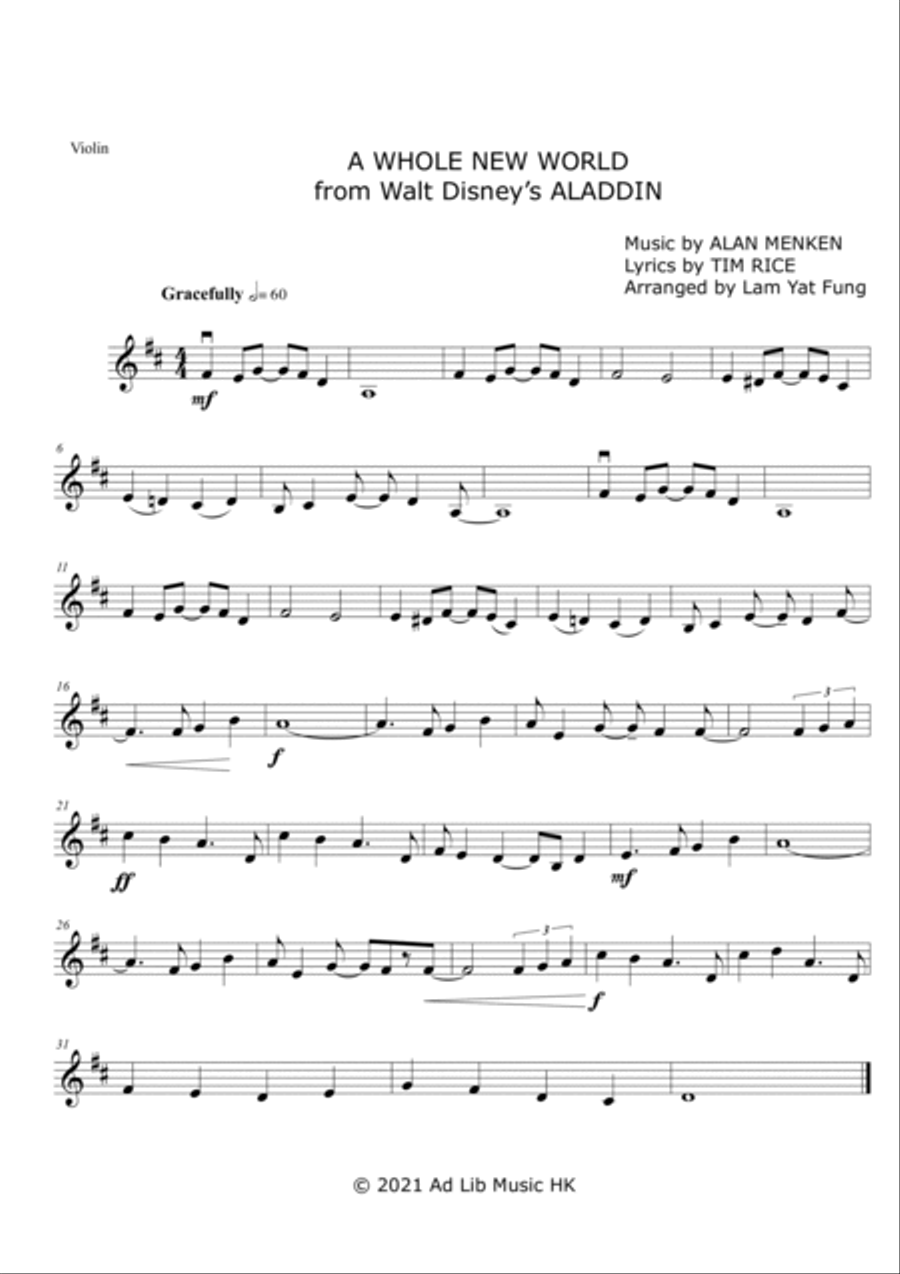 A Whole New World Violin Solo scores gallery preview page 1