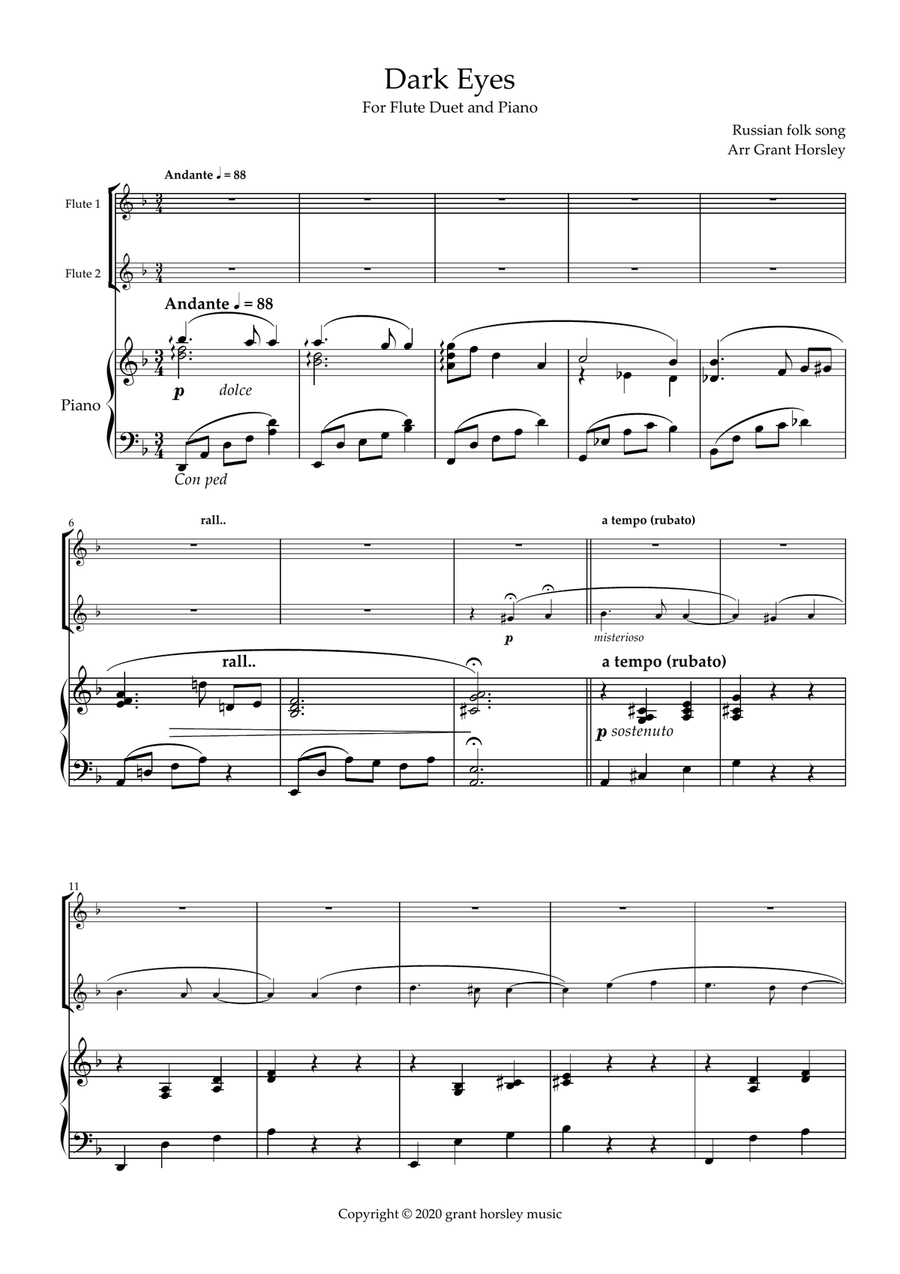 Dark Eyes Traditional Folk Song - for Flute Duet and Piano-Intermediate Flute Duet scores gallery preview page 2