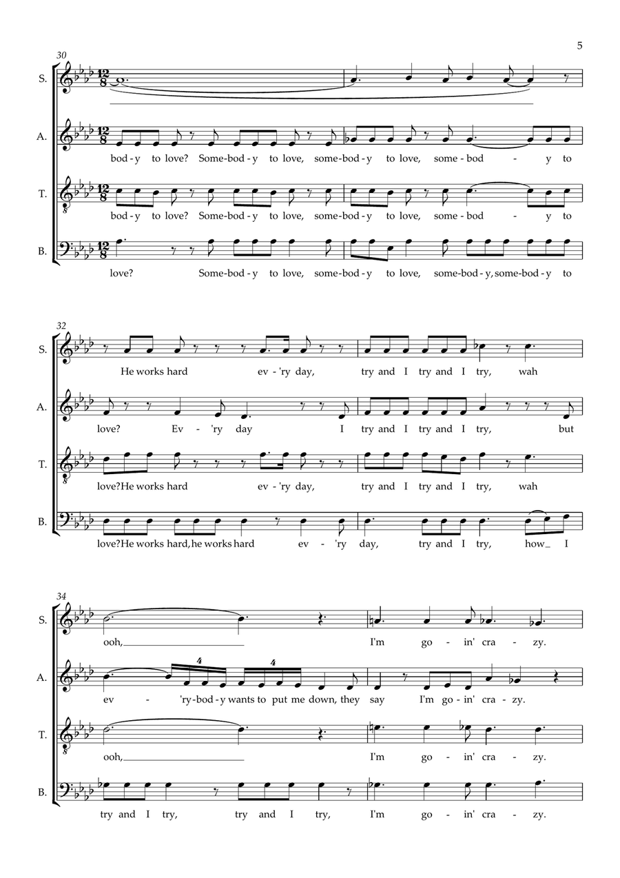 Somebody to Love (arr. Wendy Sergeant) SSATBB scores gallery preview page 5