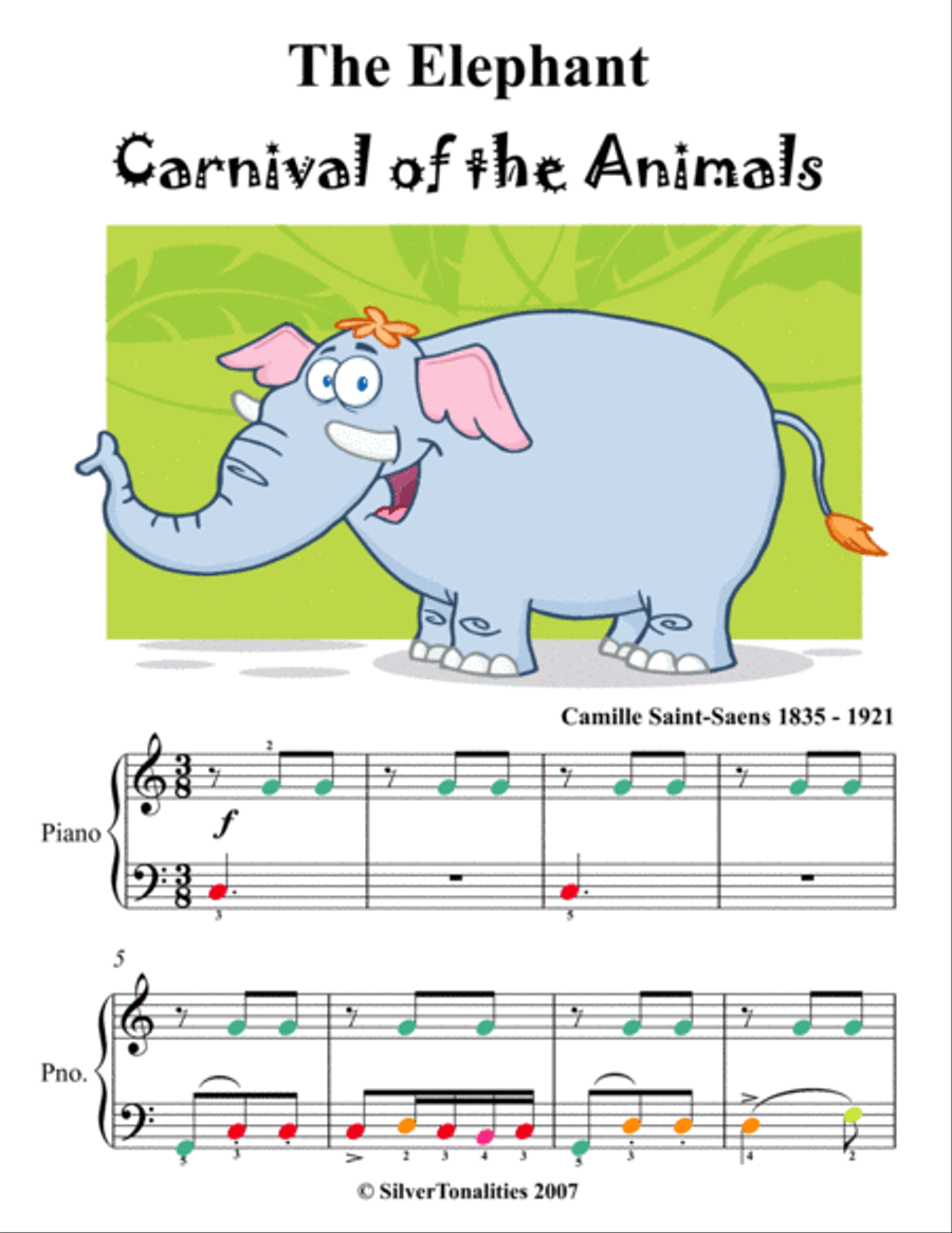 The Elephant Carnival of the Animals Easy Piano Sheet Music with Colored Notes Easy Piano scores gallery preview page 1