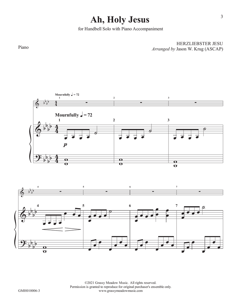 Ah, Holy Jesus (for handbell solo with piano accompaniment) Handbell Choir scores gallery preview page 3
