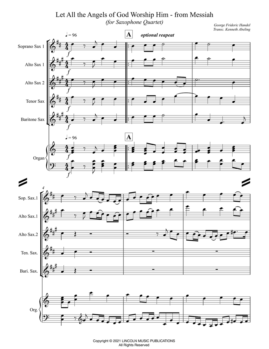 Let All the Angels of God Worship Him (for Saxophone Quartet SATB or AATB & optional Organ) Saxophone Quartet scores gallery preview page 2