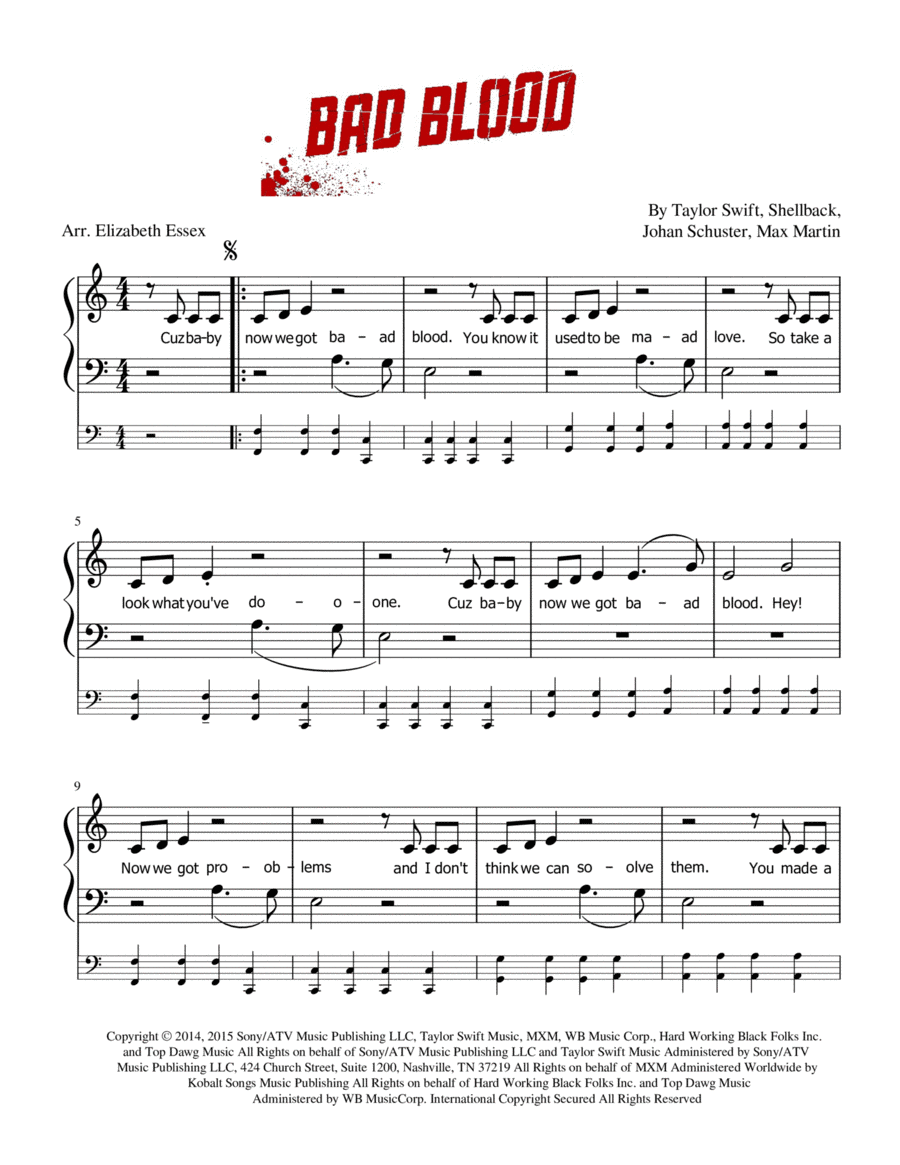 Bad Blood Easy Piano scores gallery preview page 1