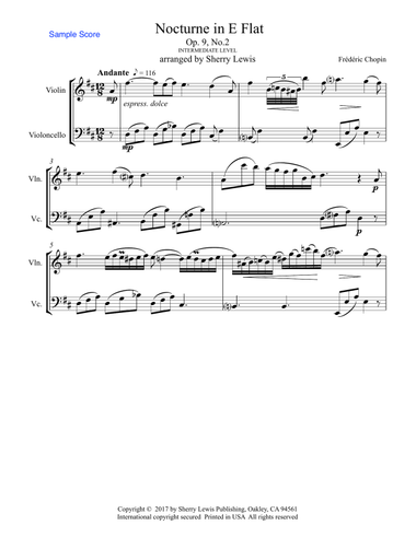 NOCTURNE Op.9 No.2 String Duo Intermediate Level for violin and cello
