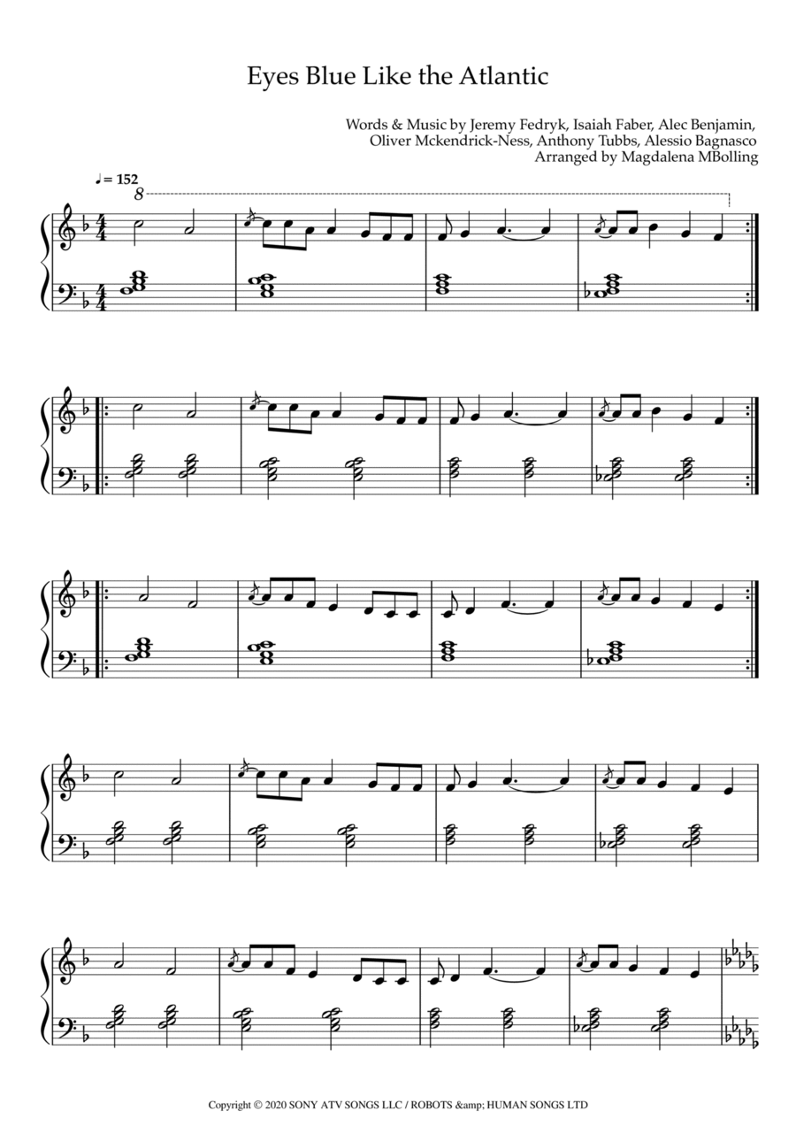 Eyes Blue Like The Atlantic Easy Piano scores gallery preview page 1