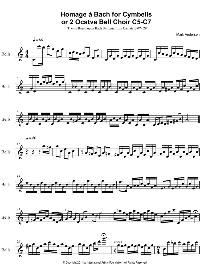 Homage á Bach for Cymbells or 2 Octave Bell Choir C5-C7 4-Part scores gallery preview page 2