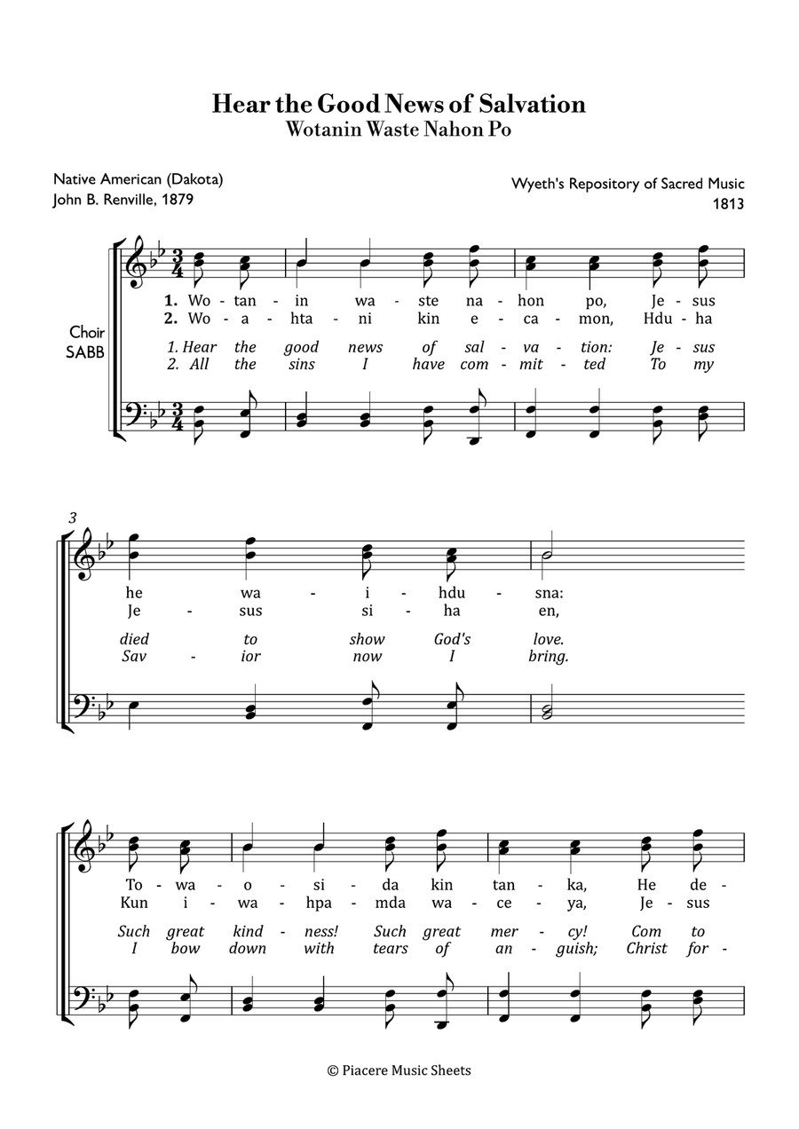 Hymn - Hear the Good News of Salvation 'Wotanin Waste Nahon Po' for SABB 4-Part scores gallery preview page 2