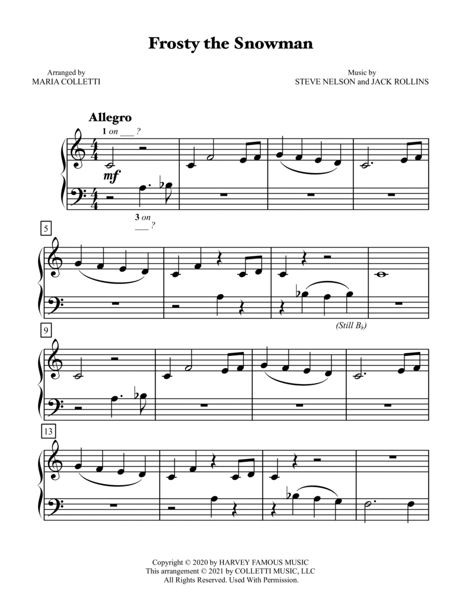 Frosty The Snowman Easy Piano scores gallery preview page 1