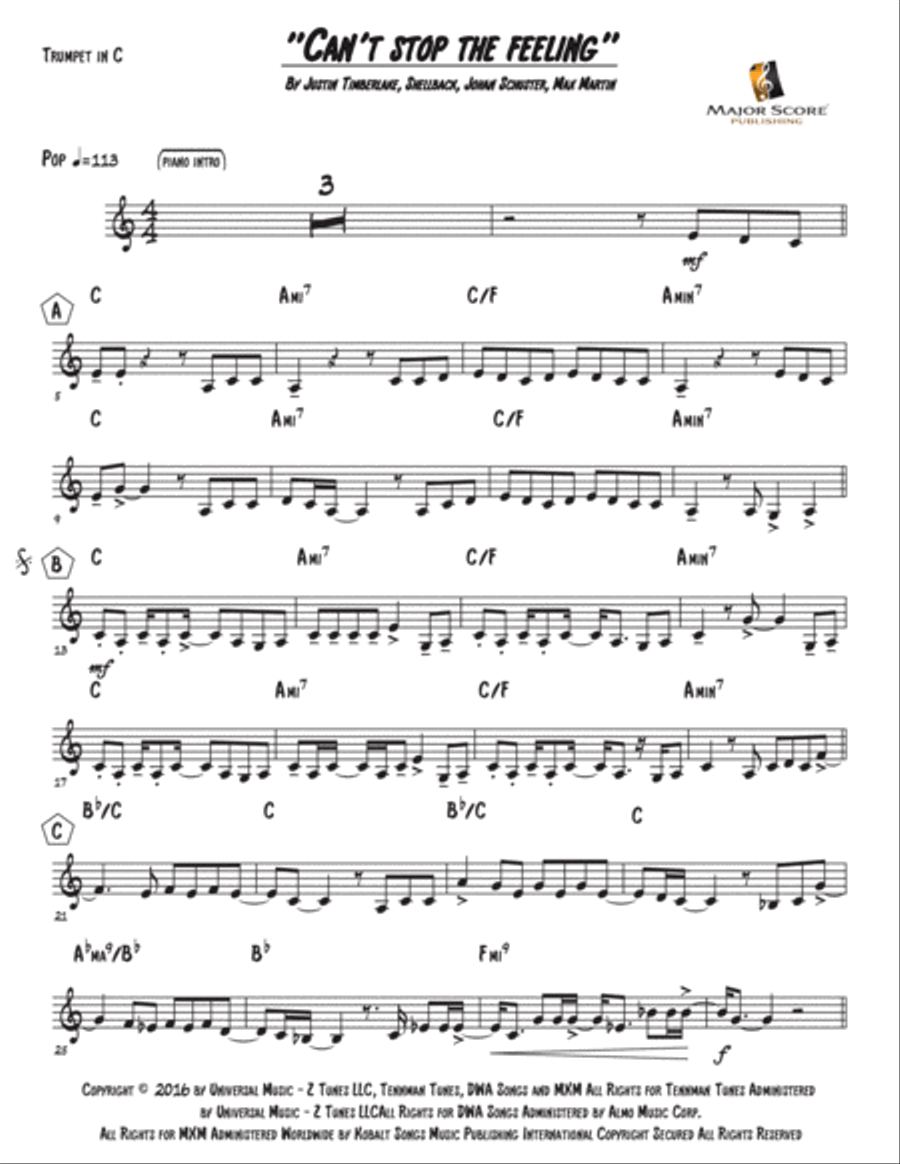 Can't Stop The Feeling! C Trumpet scores gallery preview page 2