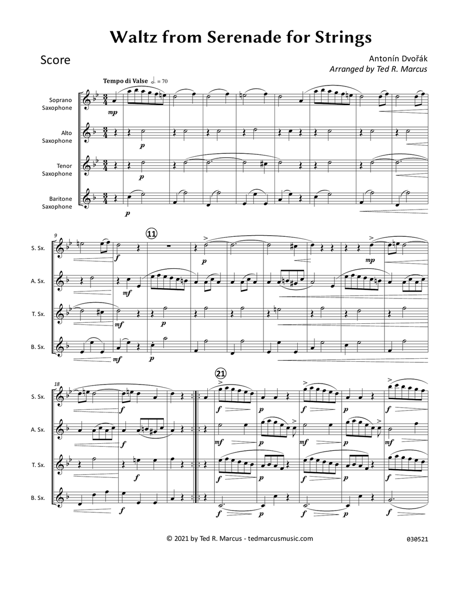 Waltz (2nd Movement) from Serenade for Strings, Op. 22 for Saxophone Quartet String Orchestra scores gallery preview page 2