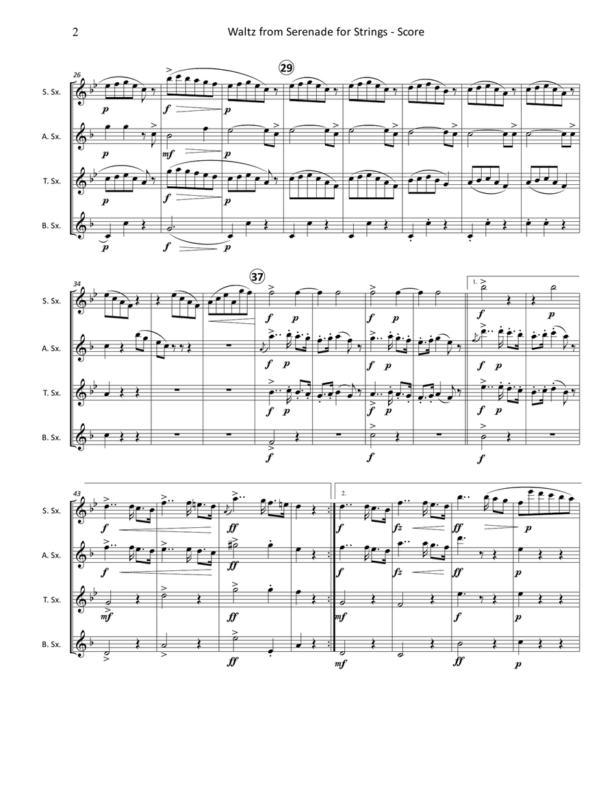 Waltz (2nd Movement) from Serenade for Strings, Op. 22 for Saxophone Quartet String Orchestra scores gallery preview page 3