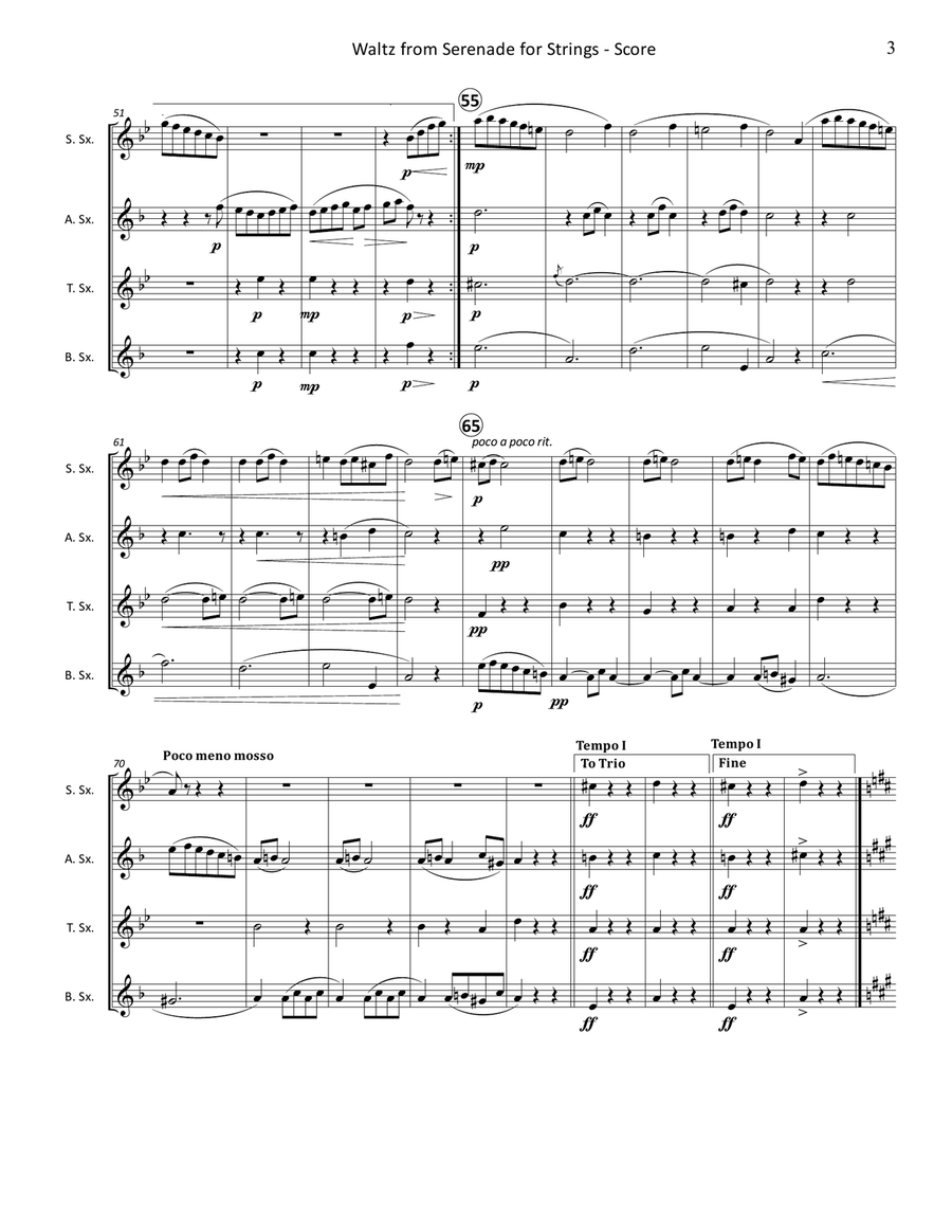 Waltz (2nd Movement) from Serenade for Strings, Op. 22 for Saxophone Quartet String Orchestra scores gallery preview page 4