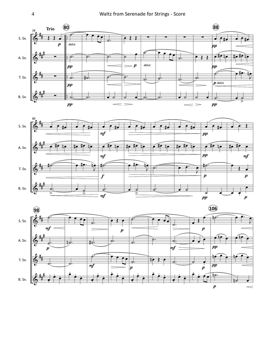 Waltz (2nd Movement) from Serenade for Strings, Op. 22 for Saxophone Quartet String Orchestra scores gallery preview page 5