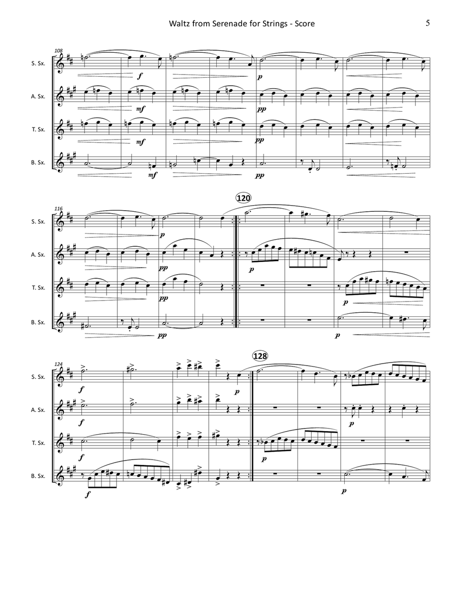 Waltz (2nd Movement) from Serenade for Strings, Op. 22 for Saxophone Quartet String Orchestra scores gallery preview page 6
