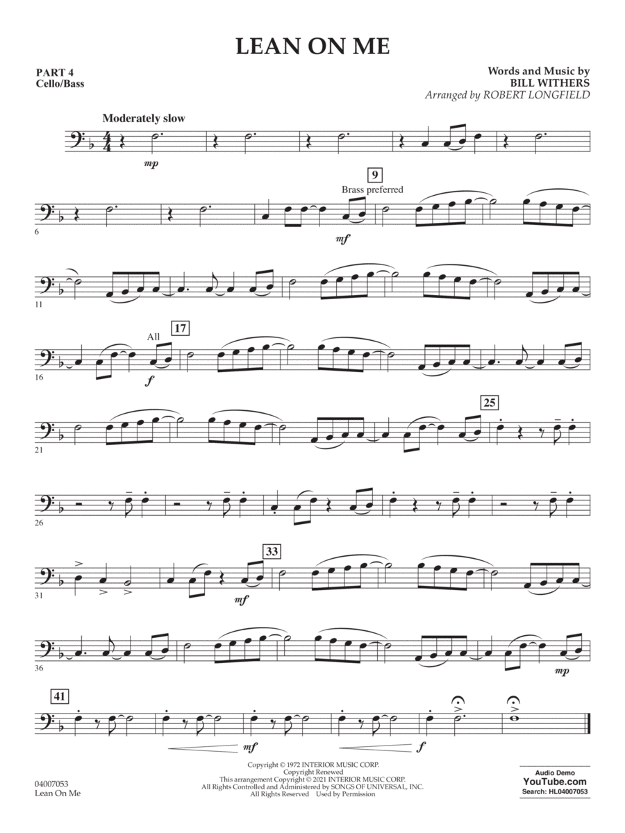 Lean on Me (arr. Robert Longfield) - Pt.4 - Cello/Bass Concert Band scores gallery preview page 1