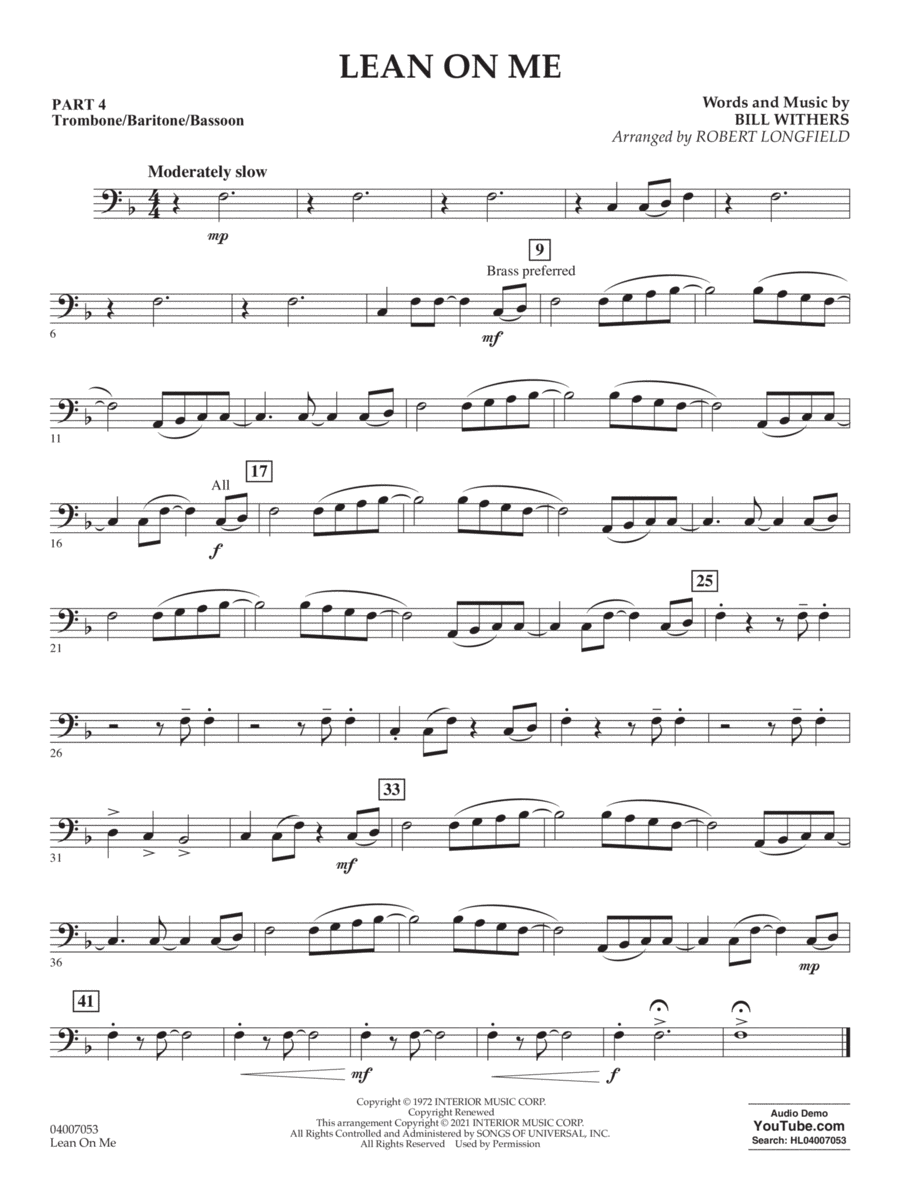 Lean on Me (arr. Robert Longfield) - Pt.4 - Trombone/Bar. B.C./Bsn. Concert Band scores gallery preview page 1