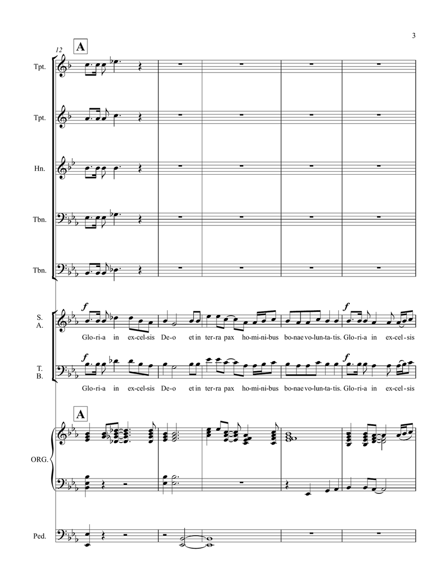 Gloria - full score for Latin text setting for SATB choir, organ, and brass quintet 4-Part scores gallery preview page 3